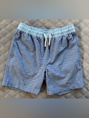 Fair Harbor Boys Blue Waves Bayberry Swim Trunks, Size Large
